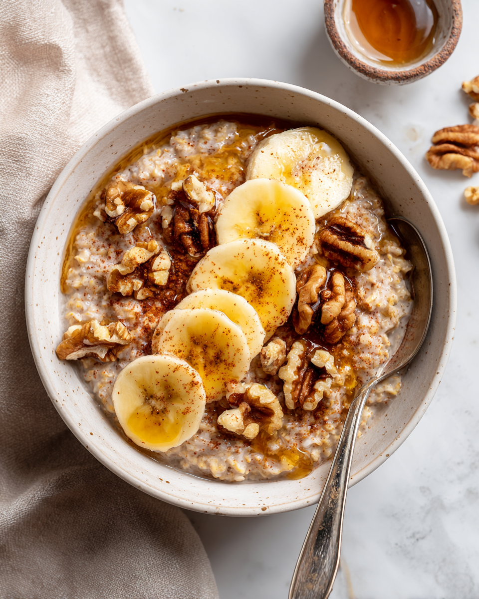 Deliciosa avena con plátanos y nueces, ideal para un desayuno reconfortante y nutritivo.