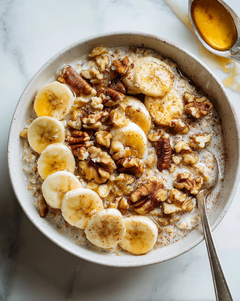 Deliciosa avena con plátanos y nueces, ideal para un desayuno reconfortante y nutritivo.