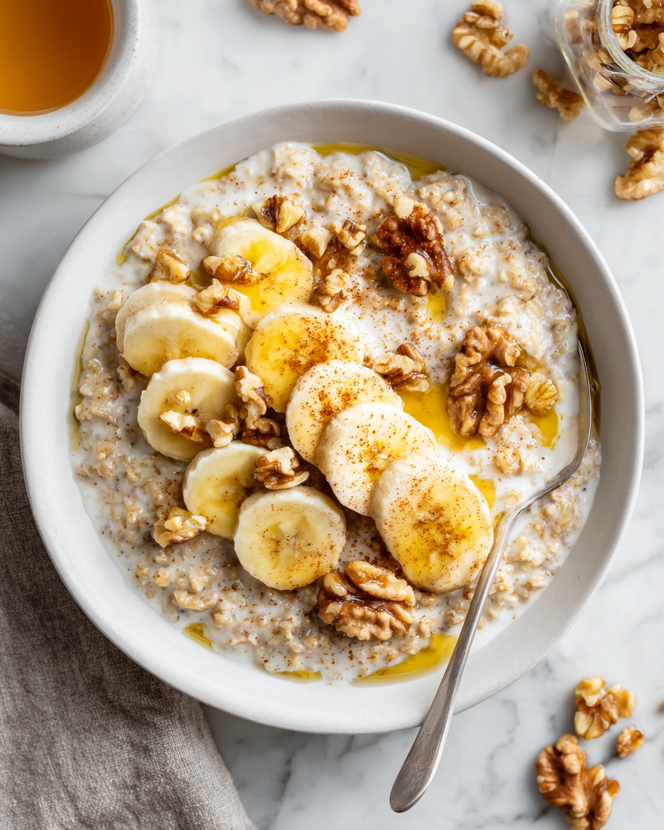 Deliciosa avena con plátanos y nueces, ideal para un desayuno reconfortante y nutritivo.