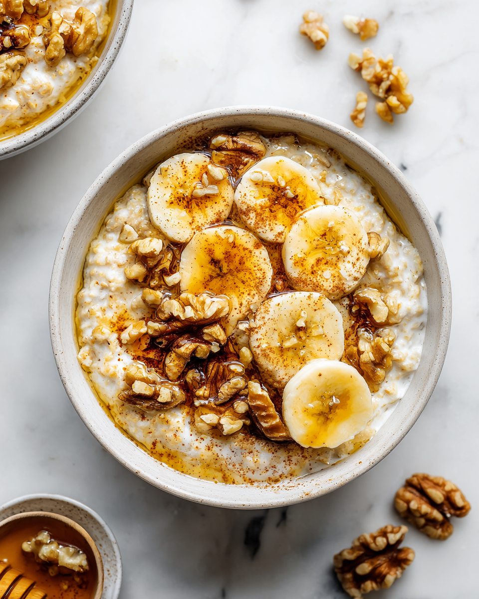 Deliciosa avena con plátanos y nueces, ideal para un desayuno reconfortante y nutritivo.