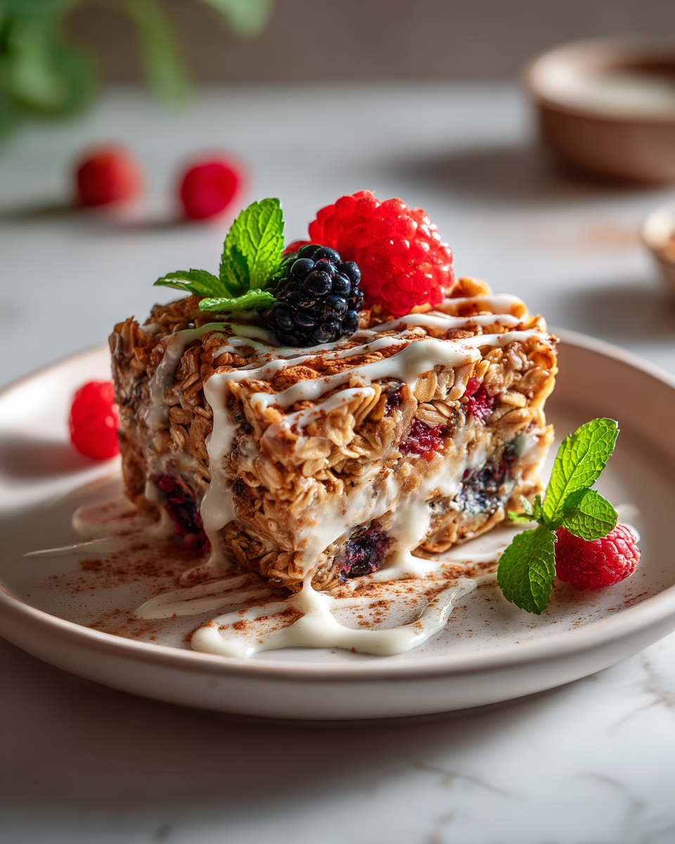 Avena al horno con frutas del bosque, ideal para brunch otoñales, desayuno nutritivo y reconfortante.