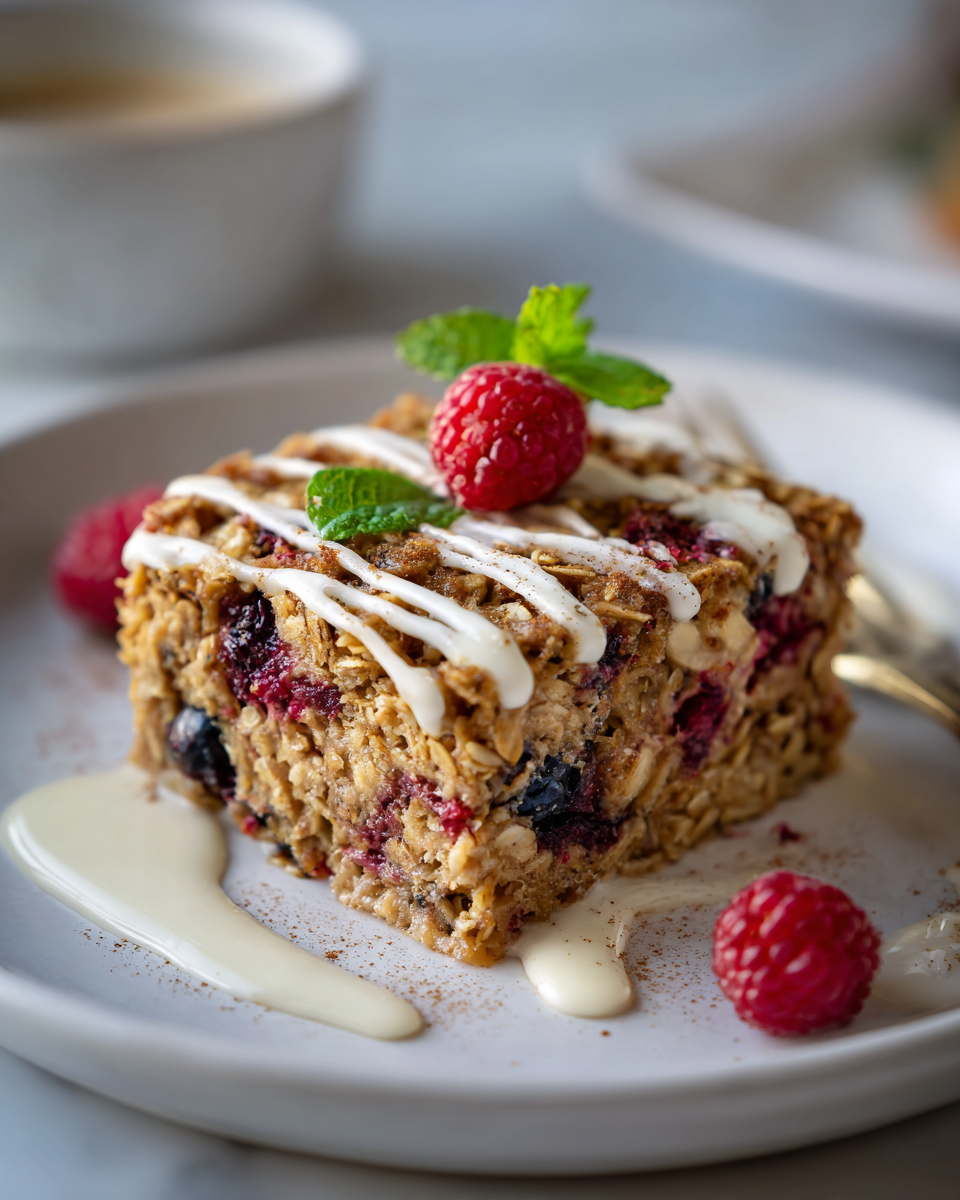 Avena al horno con frutas del bosque, ideal para brunch otoñales, desayuno nutritivo y reconfortante.