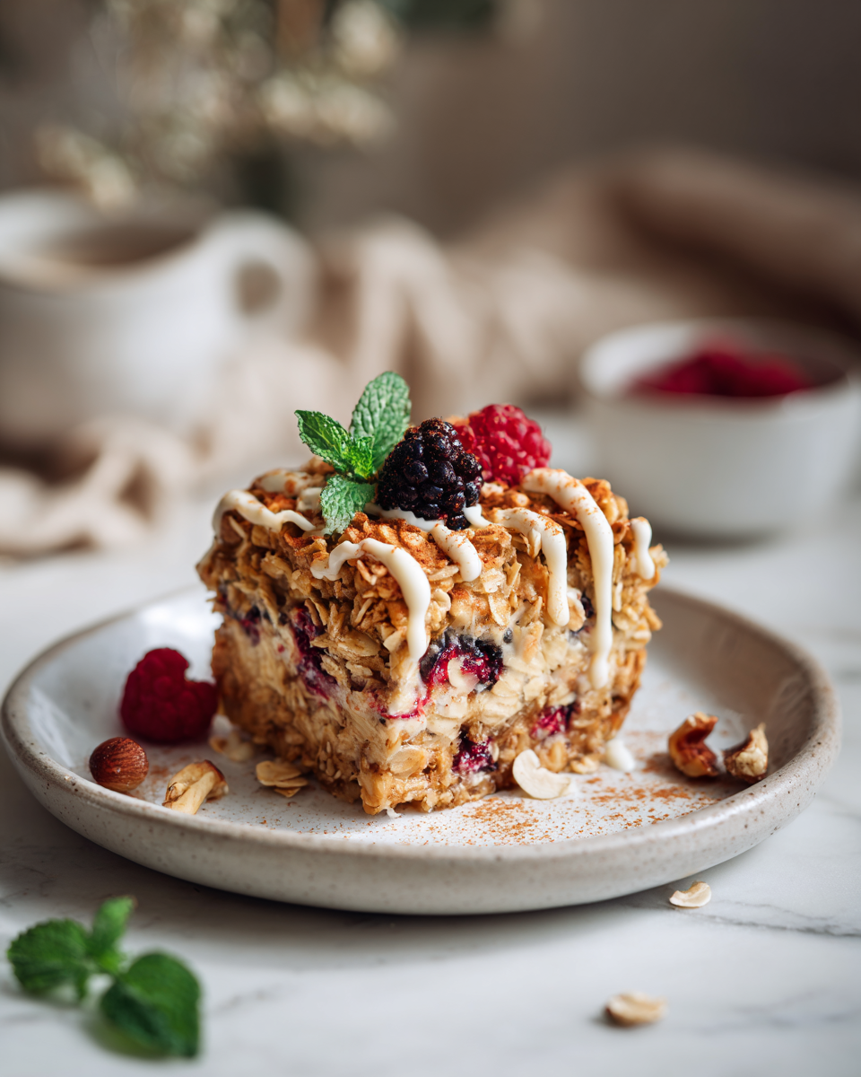 Avena al horno con frutas del bosque, ideal para brunch otoñales, desayuno nutritivo y reconfortante.