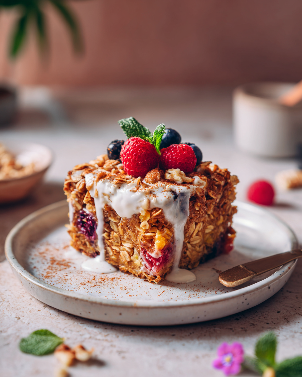 Avena al horno con frutas del bosque, ideal para brunch otoñales, desayuno nutritivo y reconfortante.