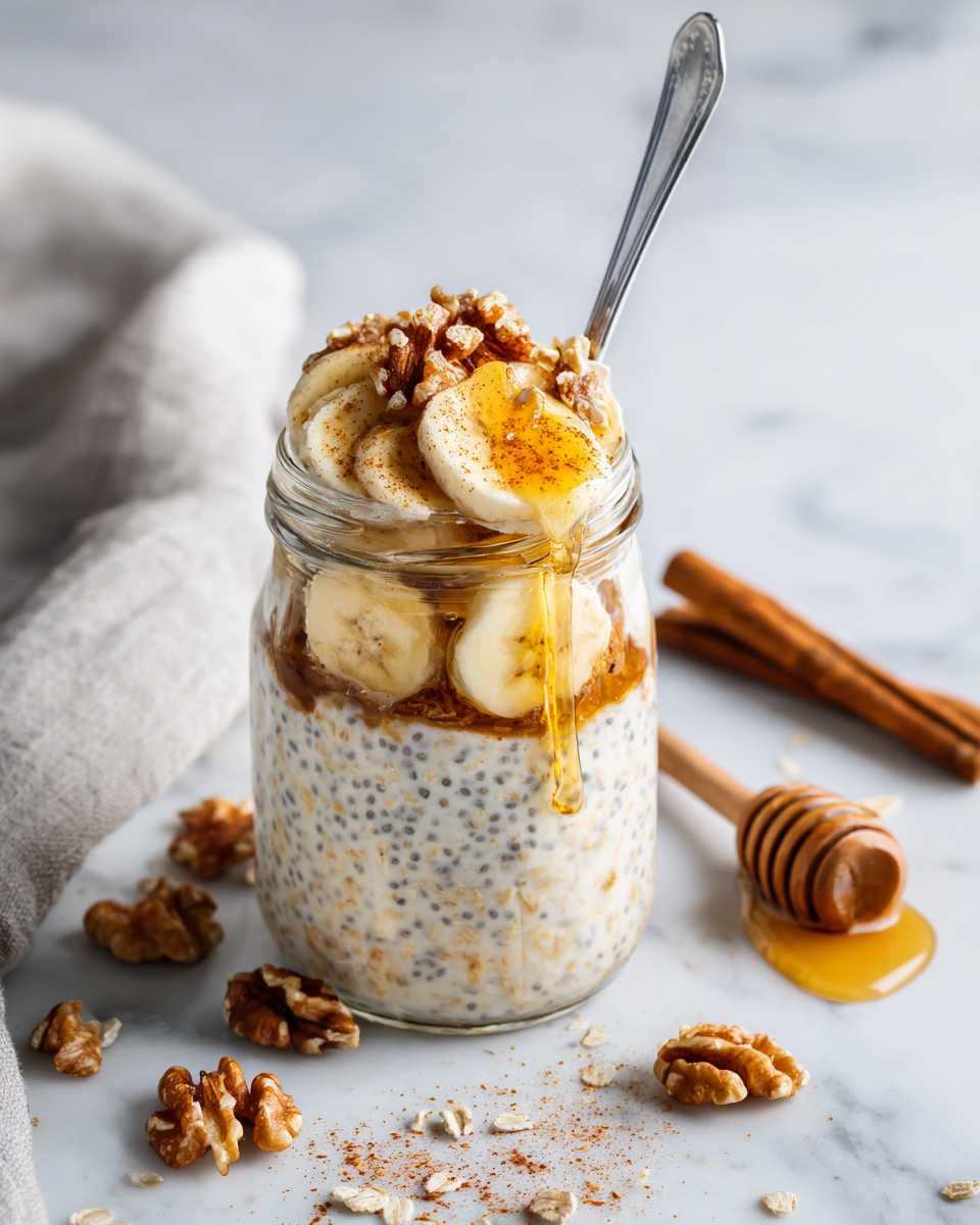 Deliciosa avena nocturna con frutas frescas y nueces, ideal para un desayuno nutritivo y personalizable.