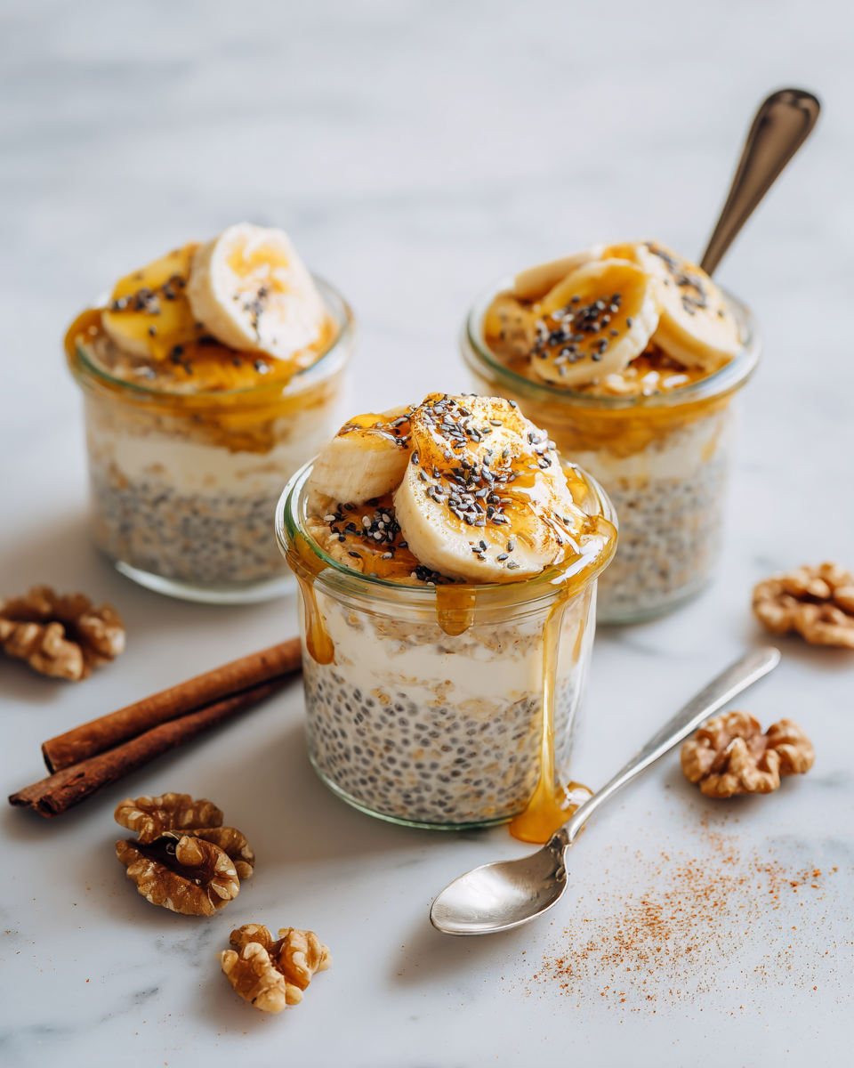 Deliciosa avena nocturna con frutas frescas y nueces, ideal para un desayuno nutritivo y personalizable.