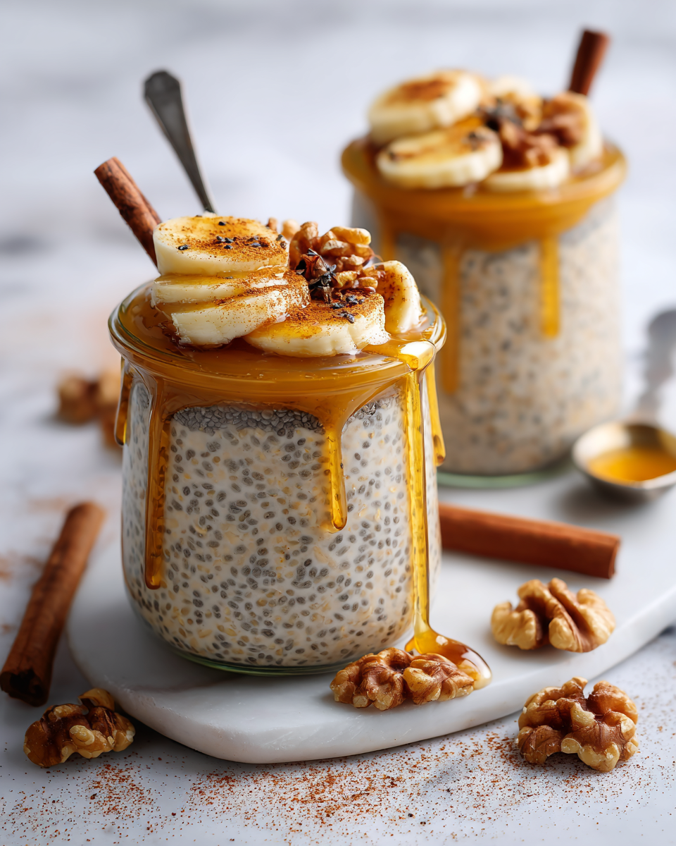 Deliciosa avena nocturna con frutas frescas y nueces, ideal para un desayuno nutritivo y personalizable.