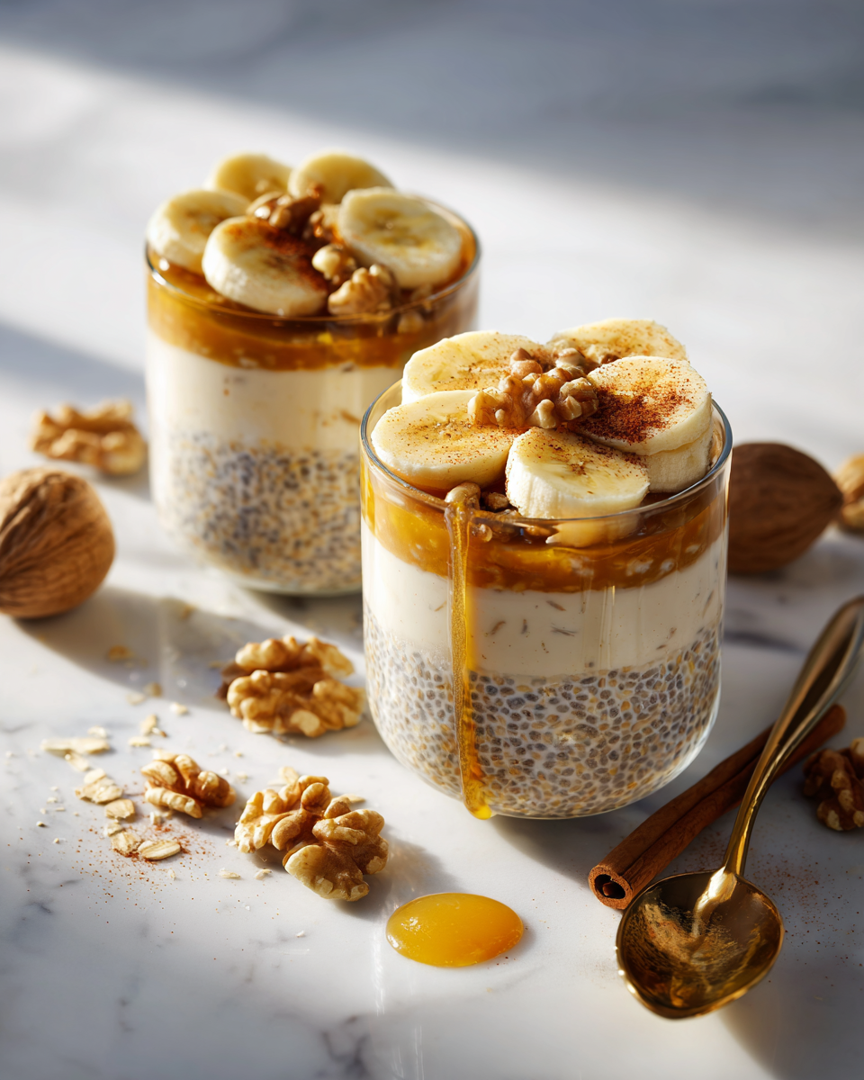 Deliciosa avena nocturna con frutas frescas y nueces, ideal para un desayuno nutritivo y personalizable.