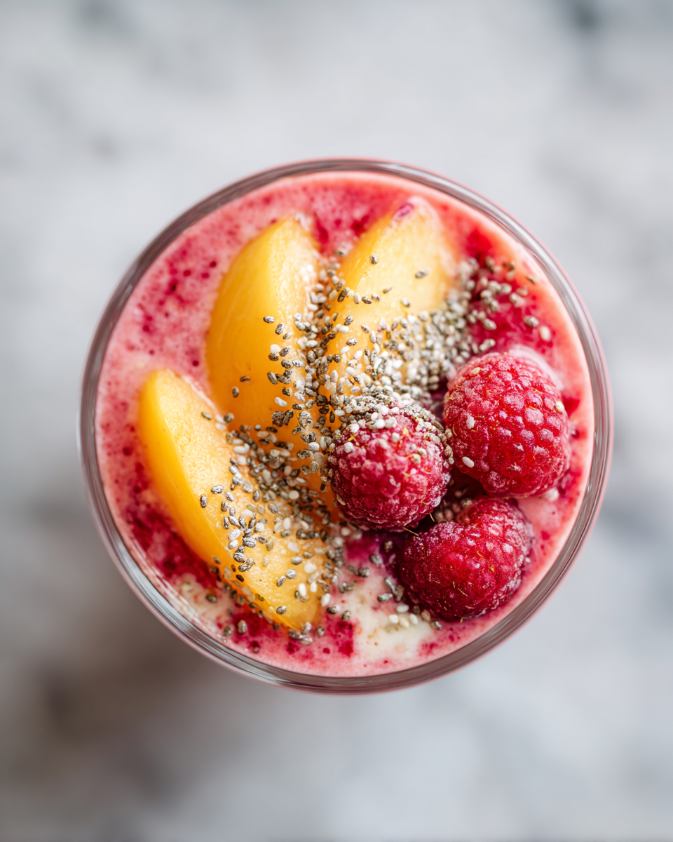 Smoothie de frambuesas y duraznos fresco, delicioso y saludable, perfecto para el verano