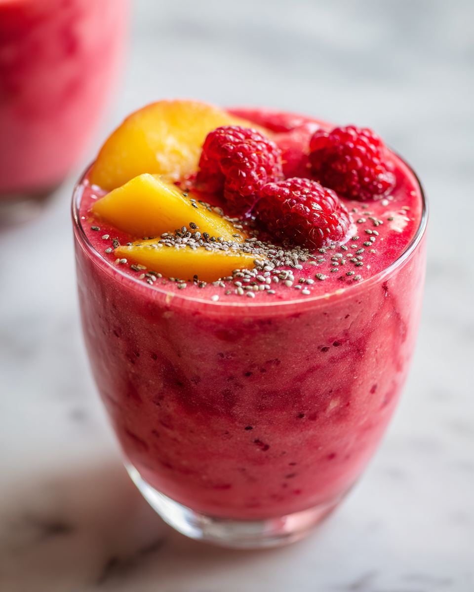 Smoothie de frambuesas y duraznos fresco, delicioso y saludable, perfecto para el verano