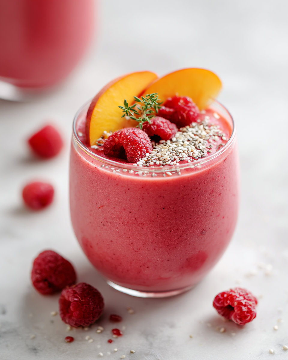 Smoothie de frambuesas y duraznos fresco, delicioso y saludable, perfecto para el verano