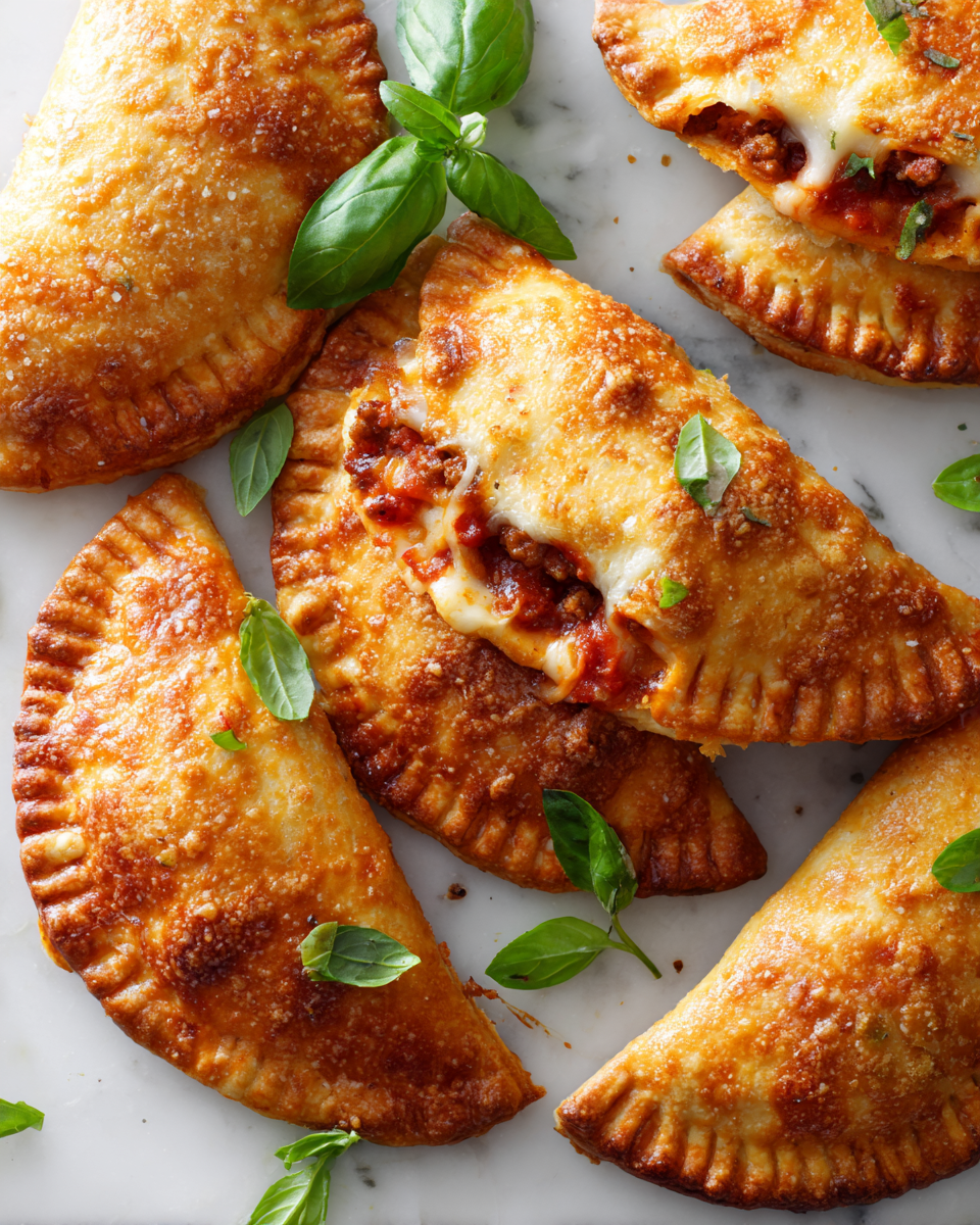 Bolsillos de Pizza dorados y rellenos, perfectos para reuniones.