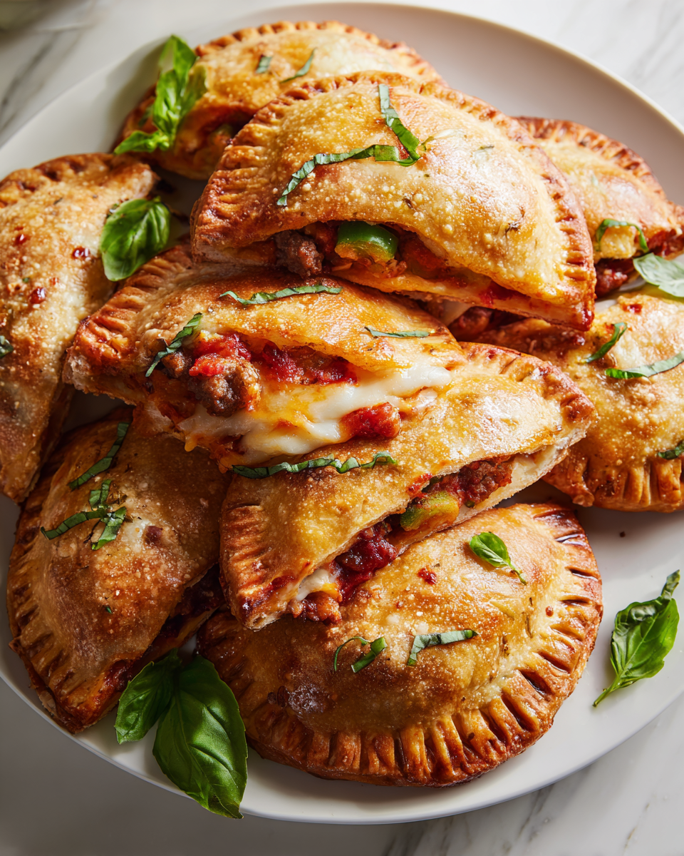 Bolsillos de Pizza dorados y rellenos, perfectos para reuniones.