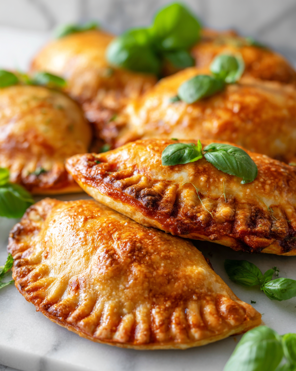 Bolsillos de Pizza dorados y rellenos, perfectos para reuniones.
