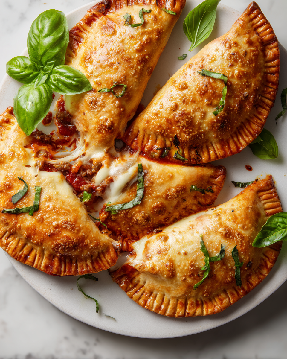 Bolsillos de Pizza dorados y rellenos, perfectos para reuniones.