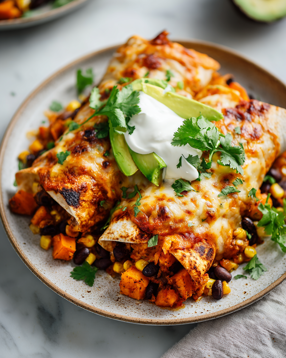 Burritos de batata rellenos, perfectos para el otoño, con colores vibrantes y sabores reconfortantes, ideales para compartir.