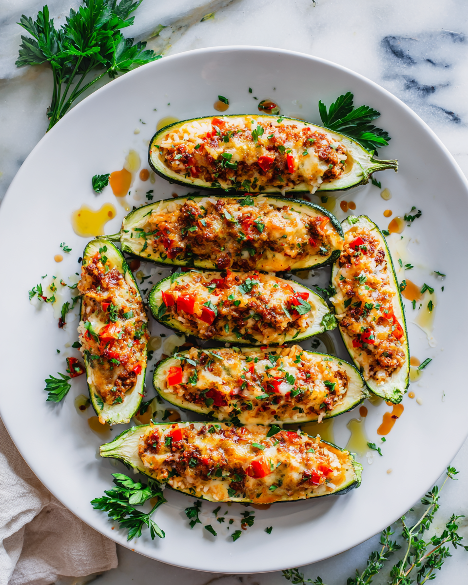 Calabacines rellenos con carne y verduras frescas, perfectos para reuniones familiares.