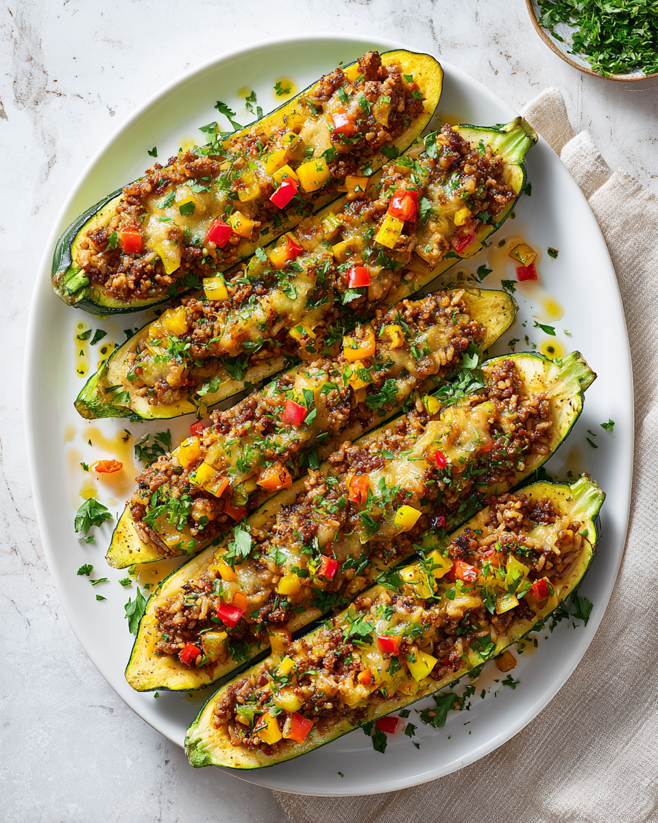 Calabacines rellenos con carne y verduras frescas, perfectos para reuniones familiares.