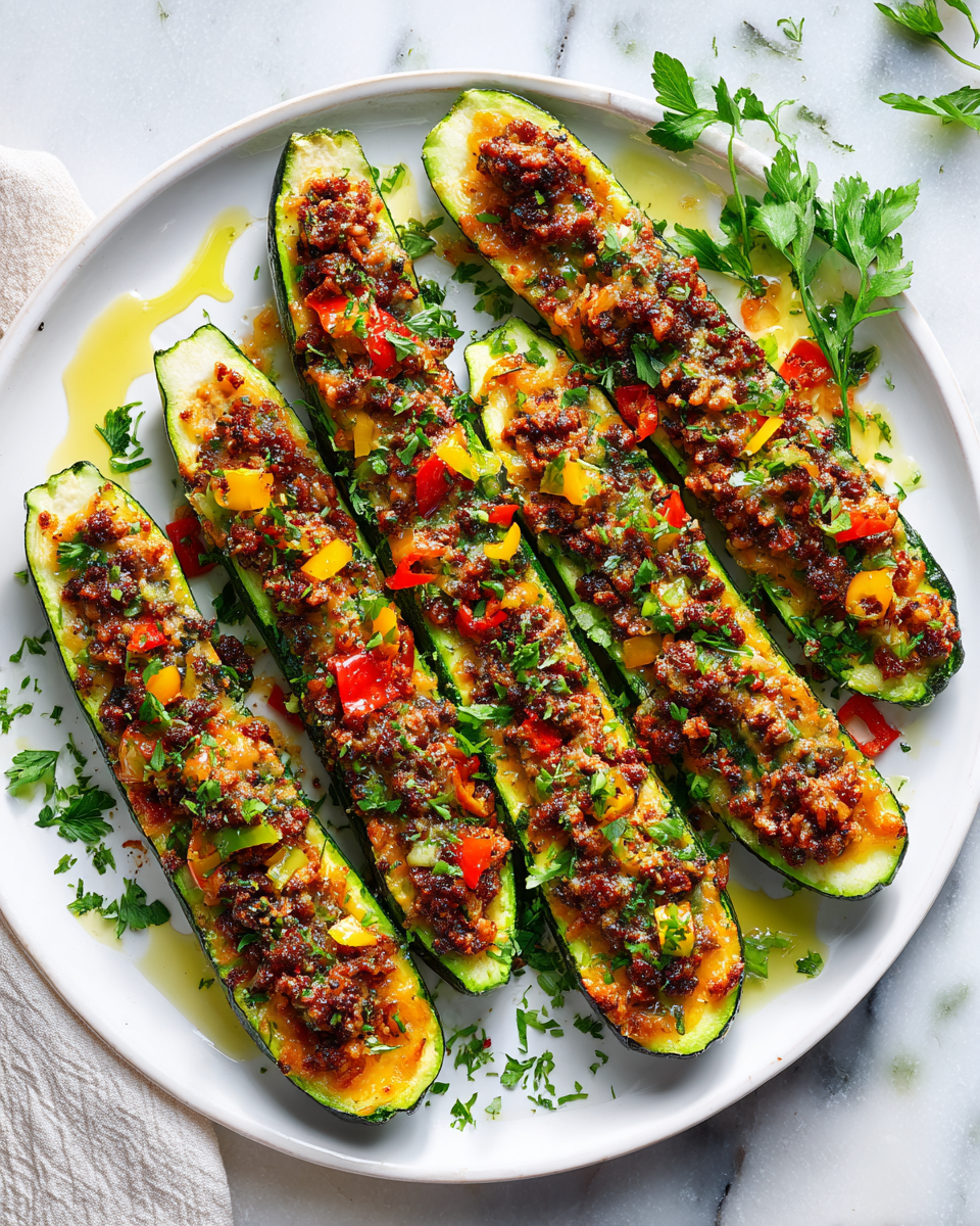 Calabacines rellenos con carne y verduras frescas, perfectos para reuniones familiares.