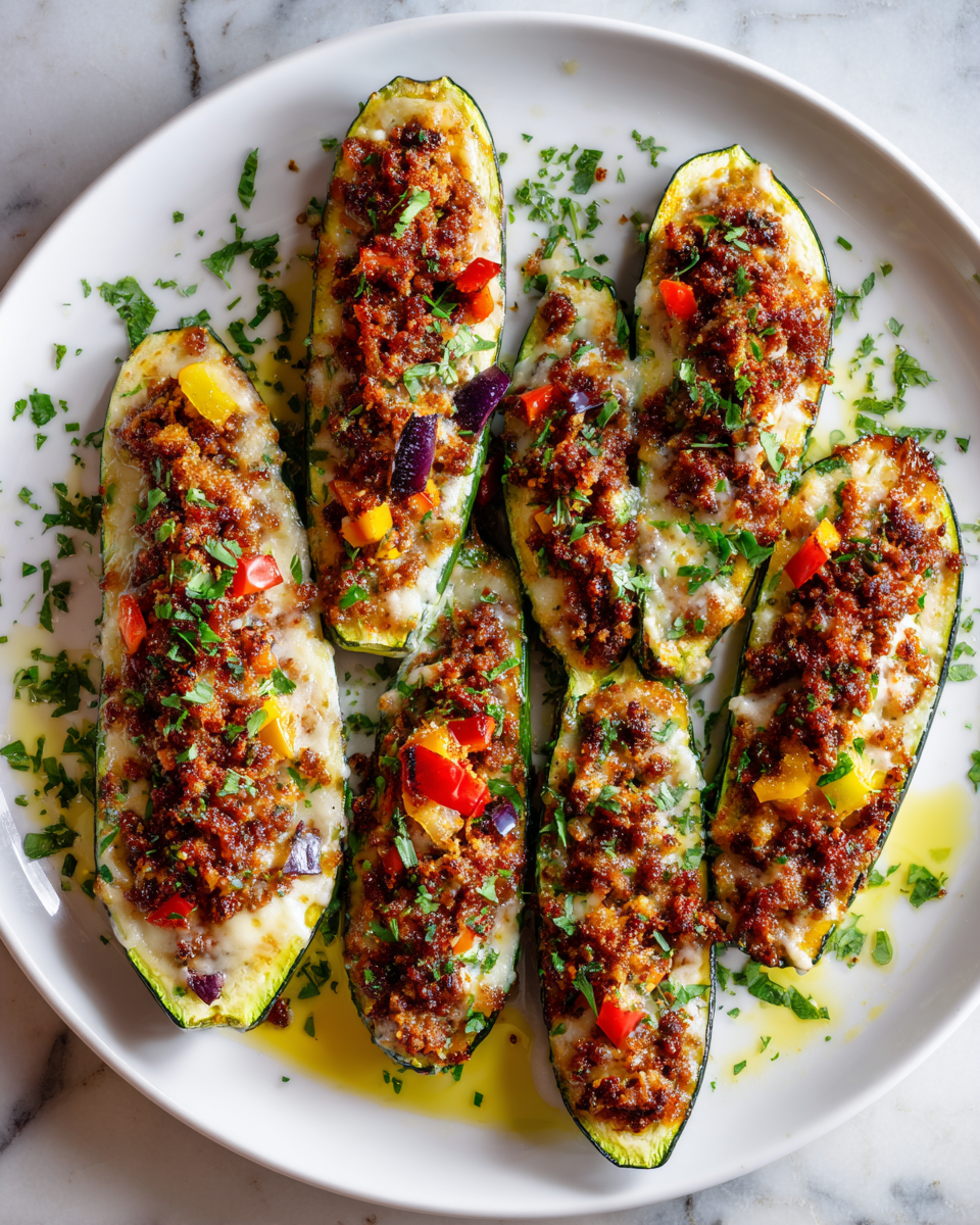 Calabacines rellenos con carne y verduras frescas, perfectos para reuniones familiares.