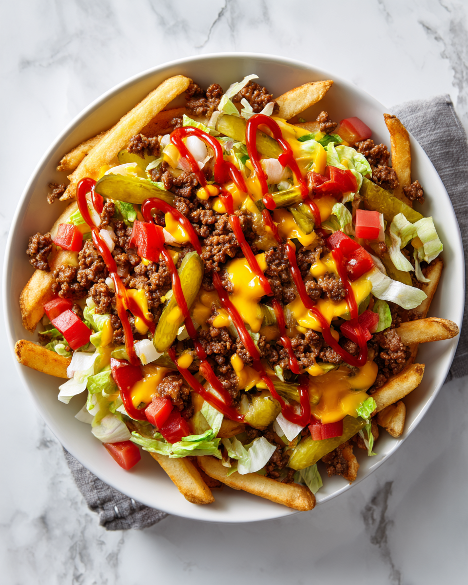 Deliciosas Cheeseburger Fries con carne, queso y frescos toppings, perfectas para reuniones y celebraciones familiares.
