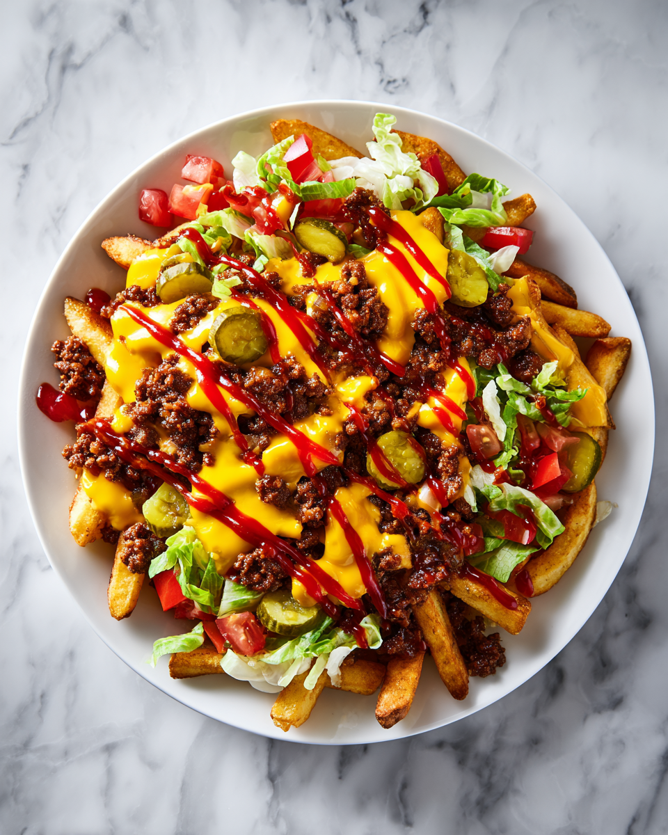 Deliciosas Cheeseburger Fries con carne, queso y frescos toppings, perfectas para reuniones y celebraciones familiares.