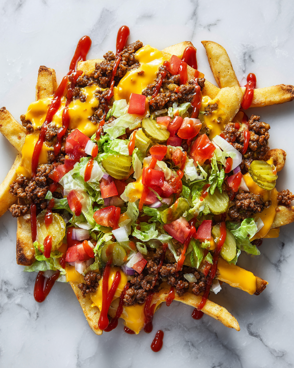 Deliciosas Cheeseburger Fries con carne, queso y frescos toppings, perfectas para reuniones y celebraciones familiares.