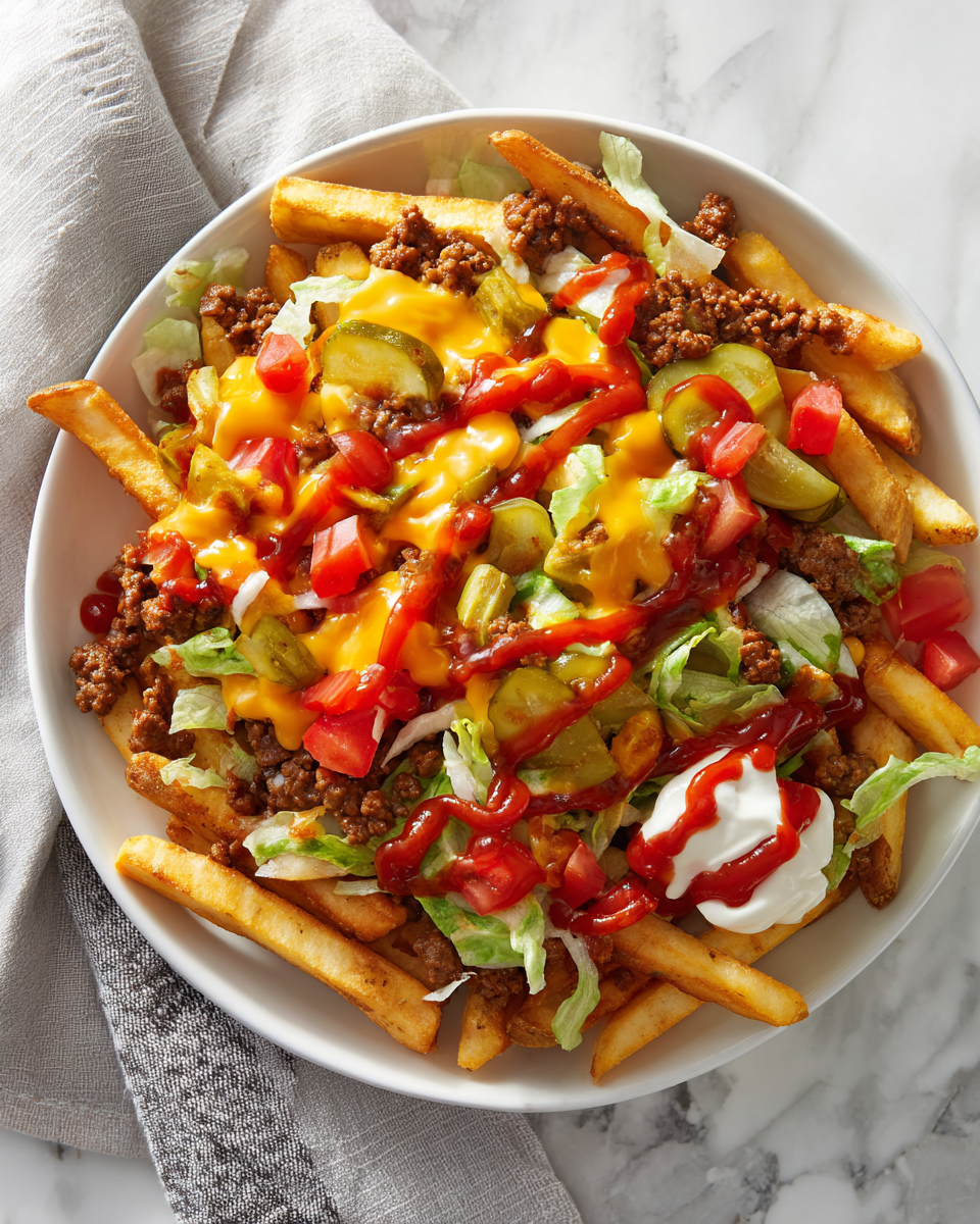 Deliciosas Cheeseburger Fries con carne, queso y frescos toppings, perfectas para reuniones y celebraciones familiares.