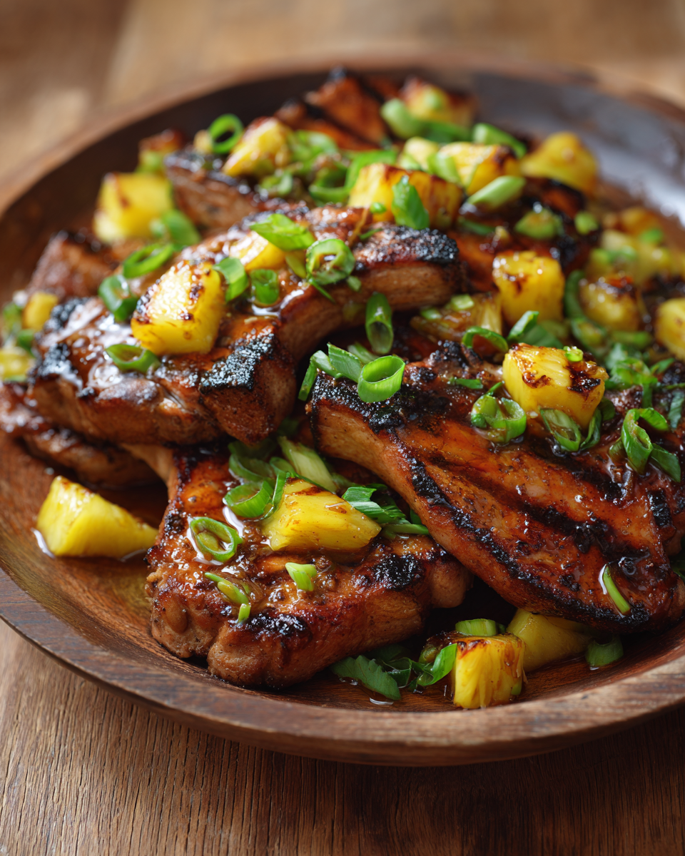 Receta de chuletas de cerdo hawaianas jugosas y sabrosas, marinadas con piña, ideales para compartir en celebraciones.