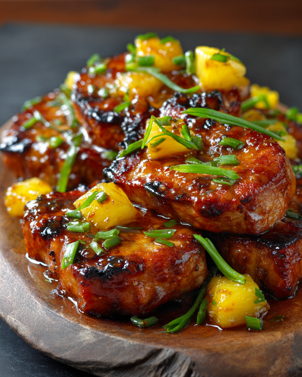 Receta de chuletas de cerdo hawaianas jugosas y sabrosas, marinadas con piña, ideales para compartir en celebraciones.