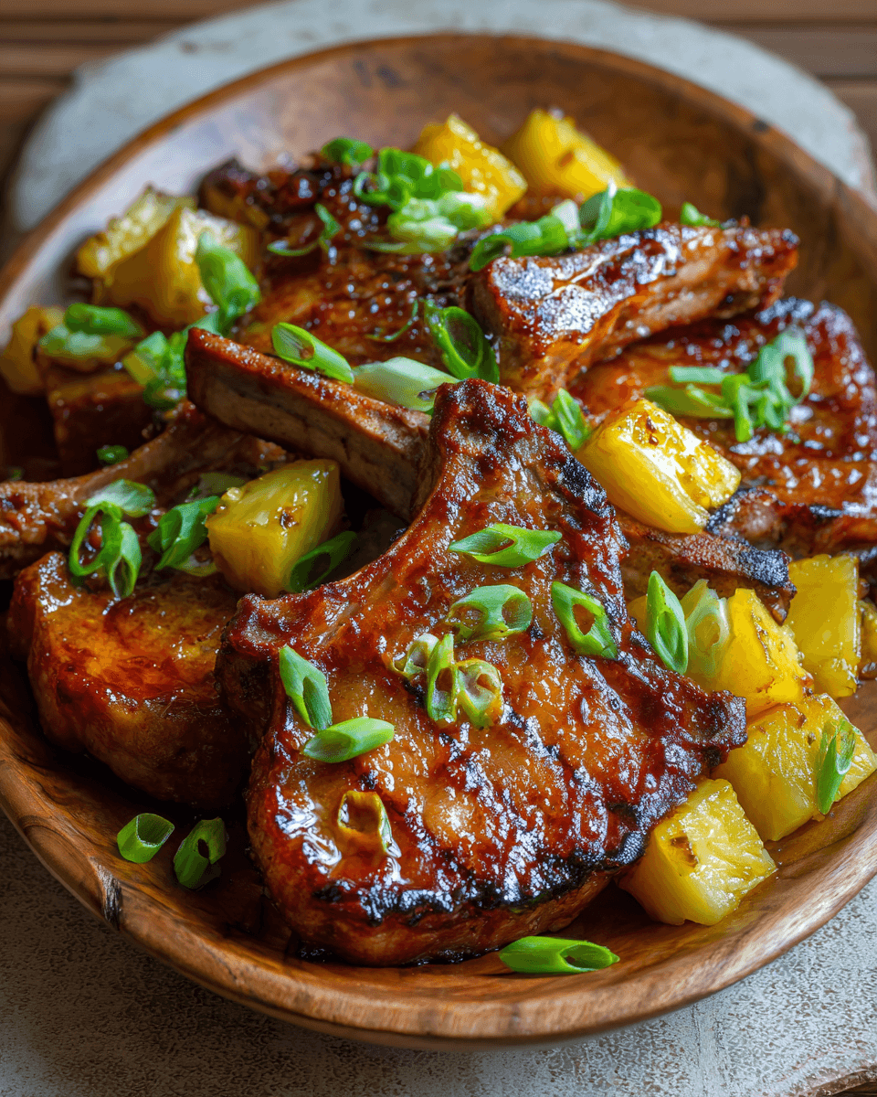Receta de chuletas de cerdo hawaianas jugosas y sabrosas, marinadas con piña, ideales para compartir en celebraciones.
