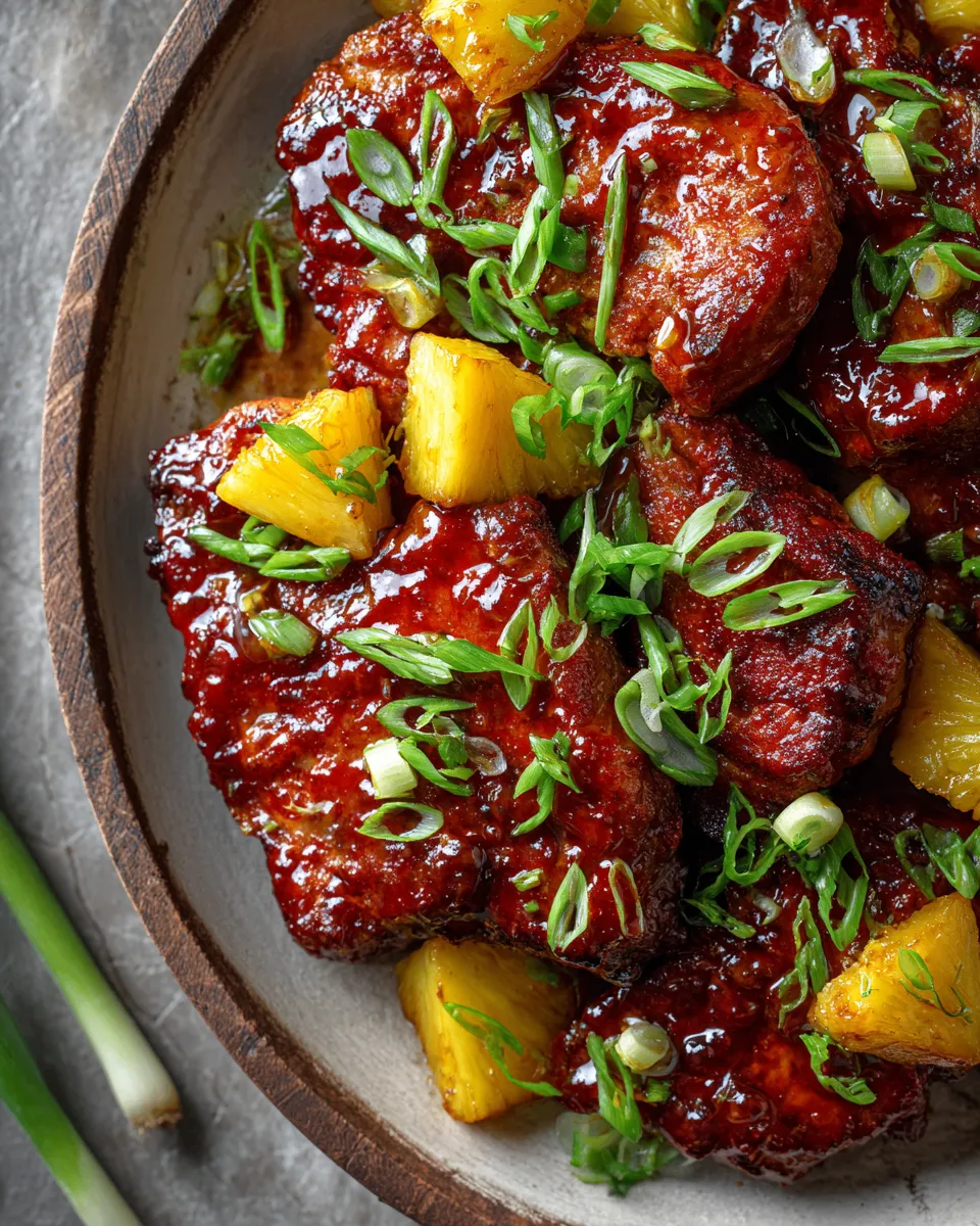 Receta de chuletas de cerdo hawaianas jugosas y sabrosas, marinadas con piña, ideales para compartir en celebraciones.