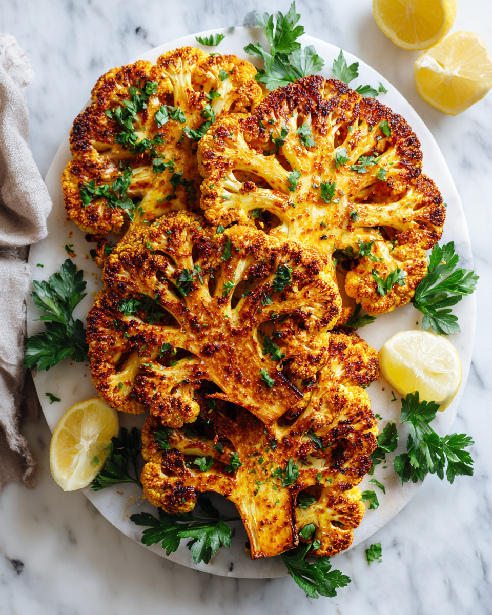 Costillas de coliflor asadas crujientes y sabrosas, ideales para cenas familiares en otoño.