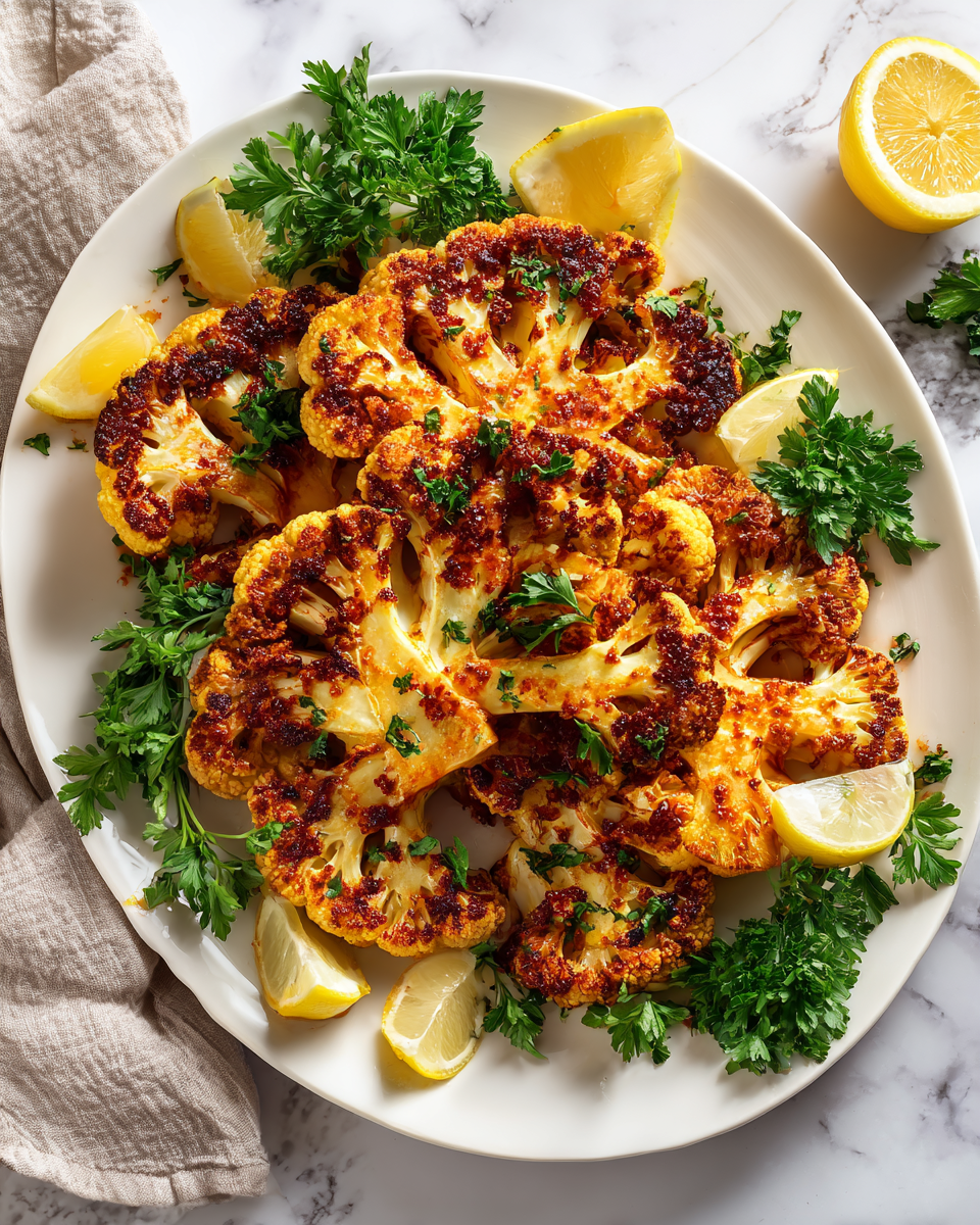 Costillas de coliflor asadas crujientes y sabrosas, ideales para cenas familiares en otoño.