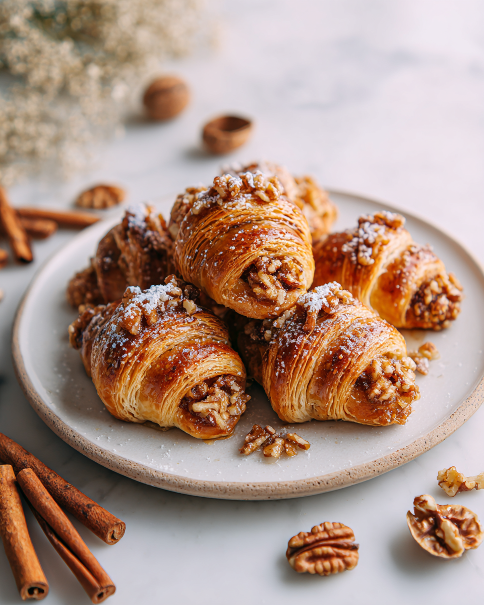 Rugelach de canela y nuez, ideales para compartir en celebraciones. Repostería sencilla y aromática de otoño.