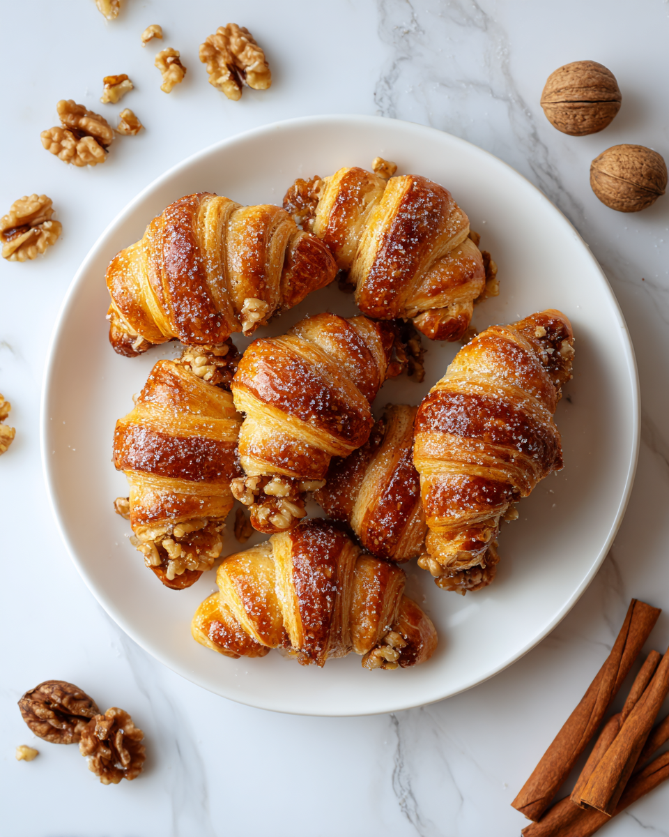 Rugelach de canela y nuez, ideales para compartir en celebraciones. Repostería sencilla y aromática de otoño.