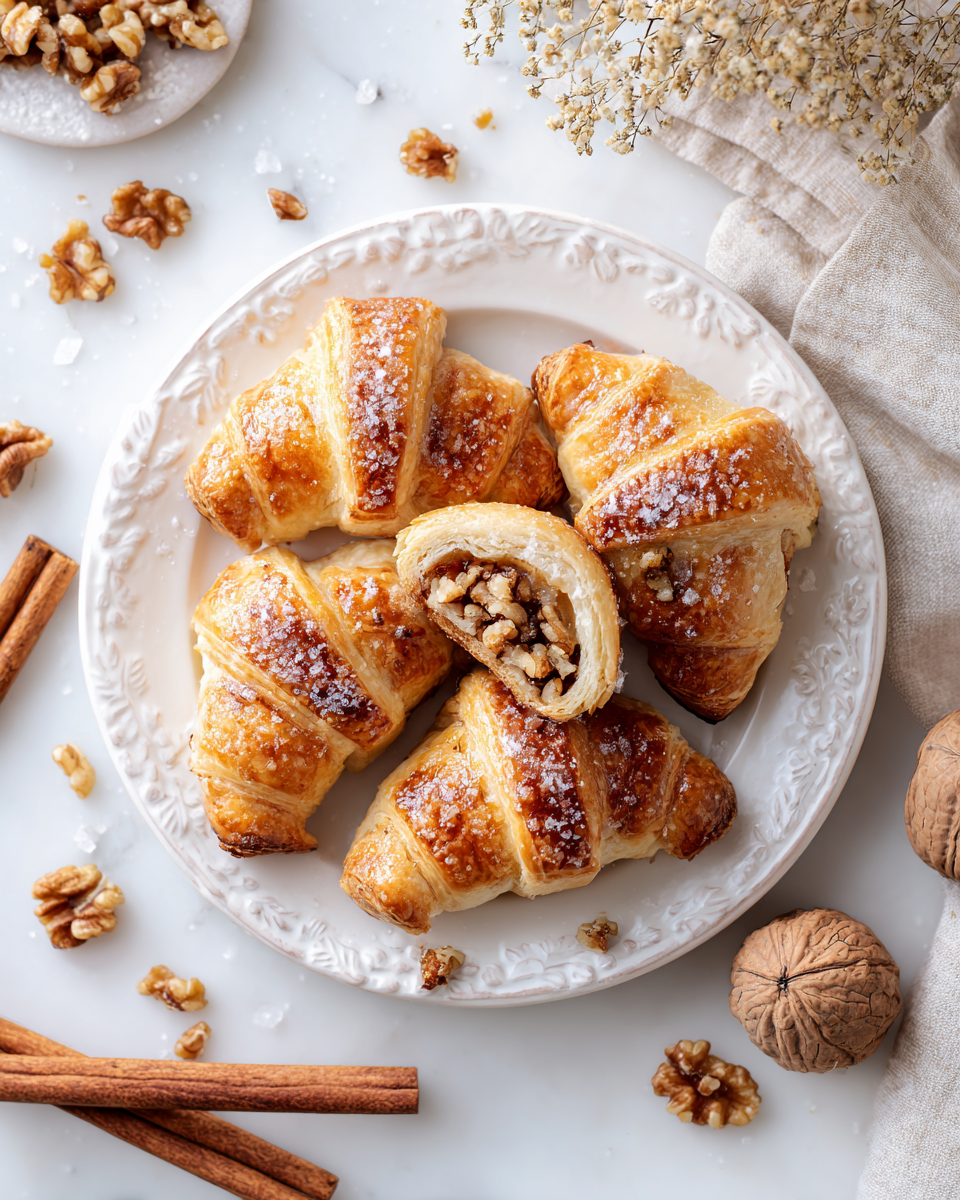 Rugelach de canela y nuez, ideales para compartir en celebraciones. Repostería sencilla y aromática de otoño.