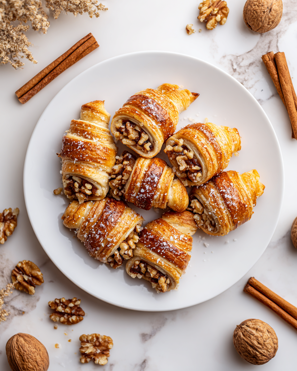 Rugelach de canela y nuez, ideales para compartir en celebraciones. Repostería sencilla y aromática de otoño.