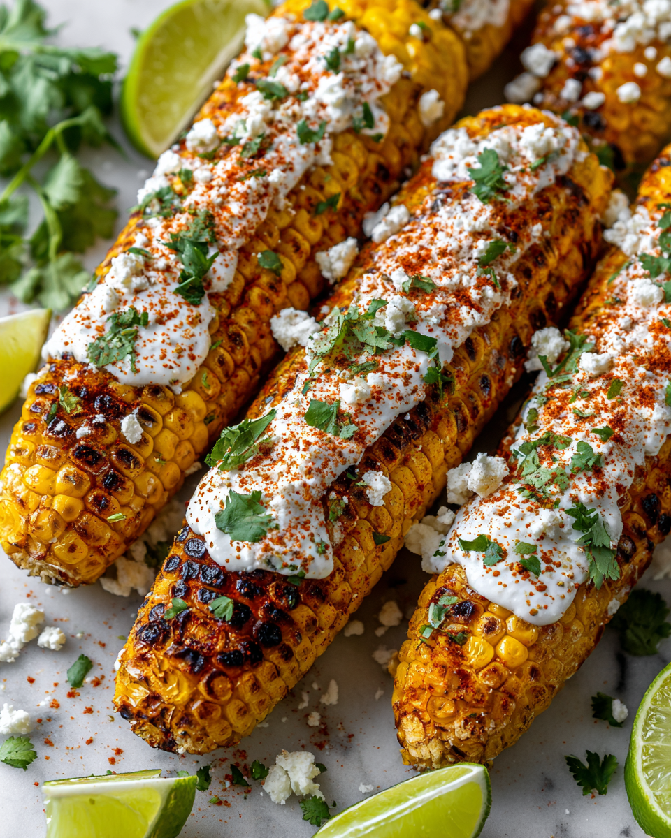 Elote asado mexicano bañado en queso Cotija y mayonesa, perfecto para el verano.