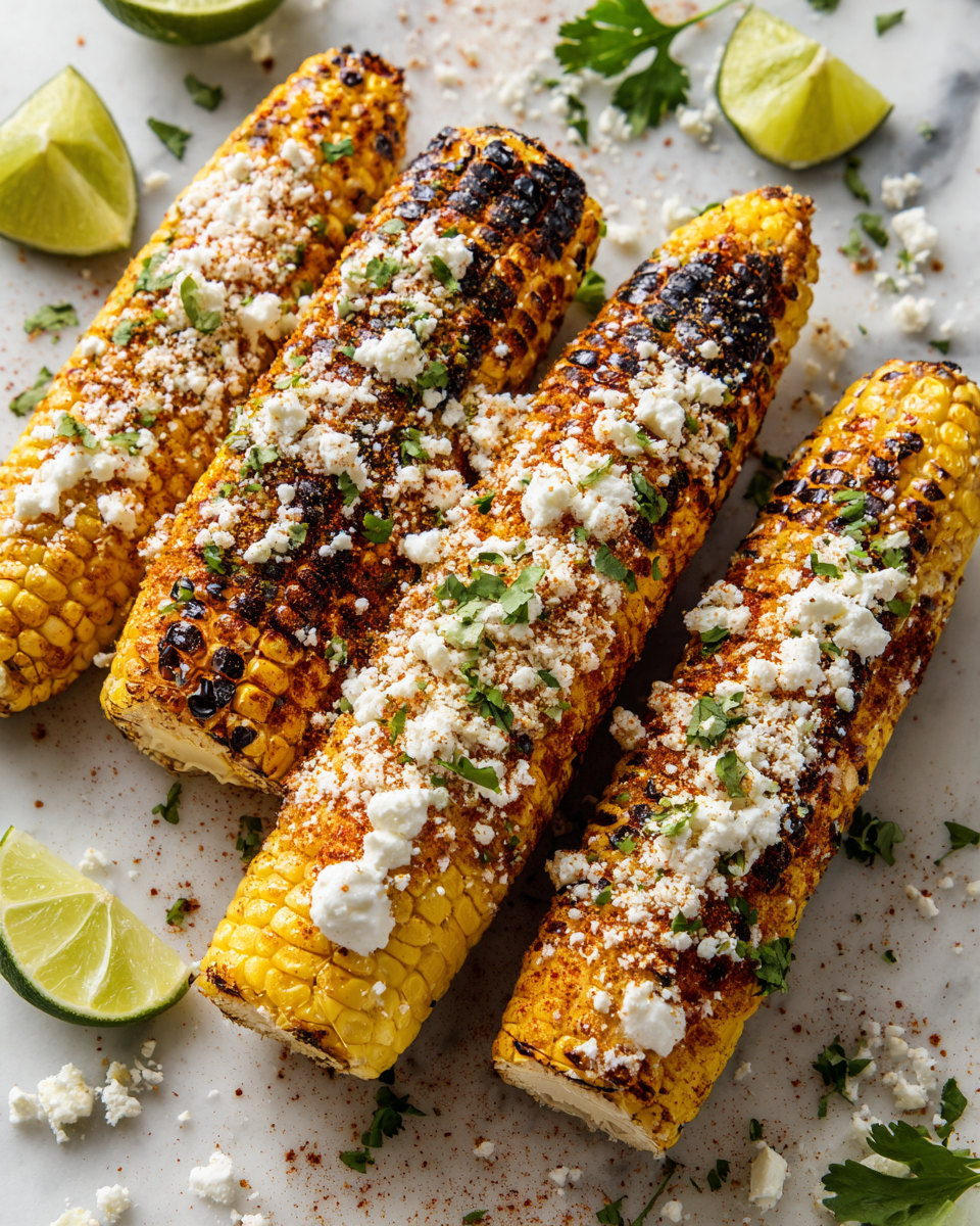 Elote asado mexicano bañado en queso Cotija y mayonesa, perfecto para el verano.