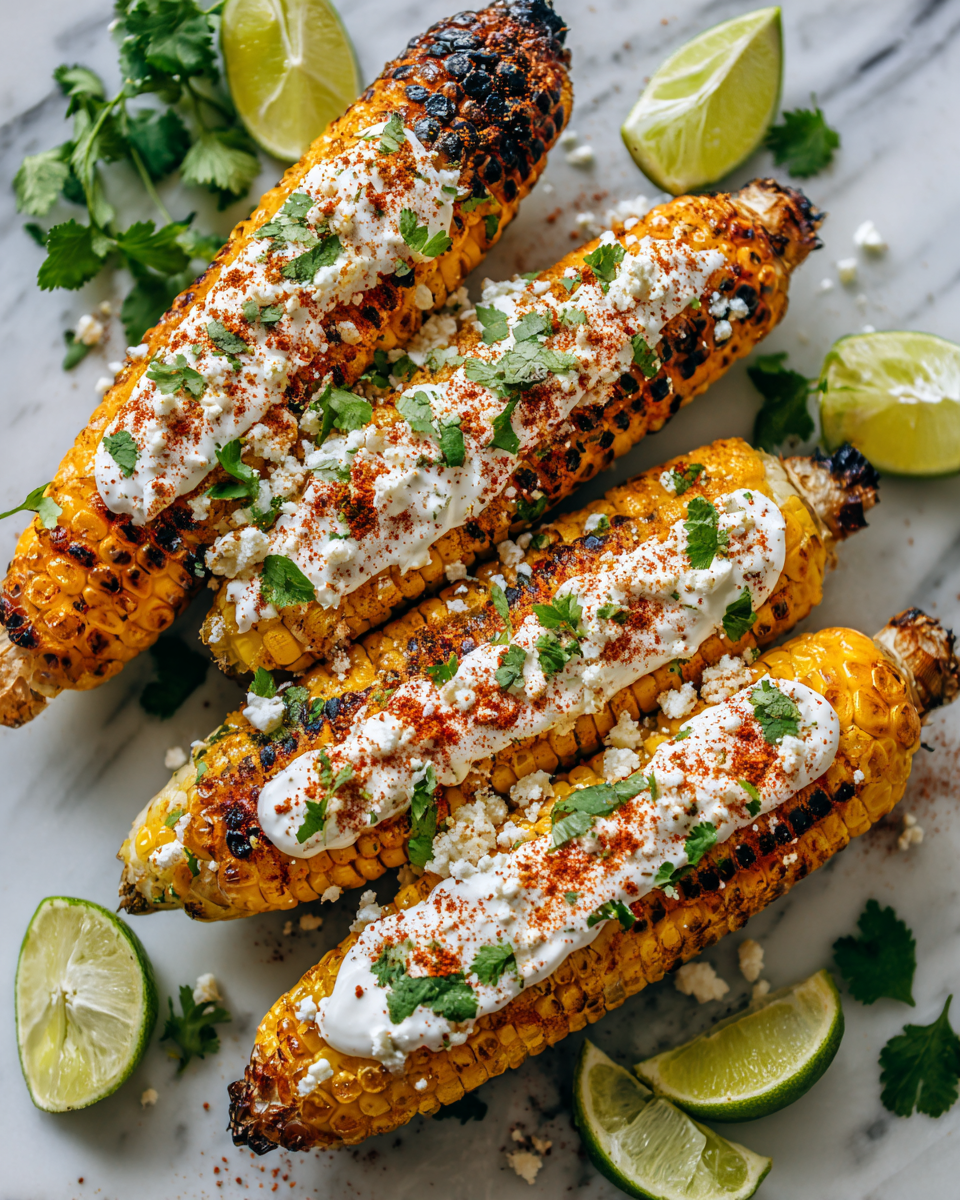 Elote asado mexicano bañado en queso Cotija y mayonesa, perfecto para el verano.