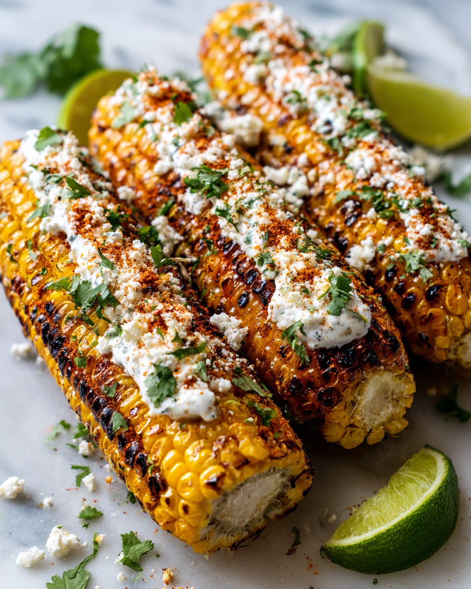 Elote asado mexicano bañado en queso Cotija y mayonesa, perfecto para el verano.