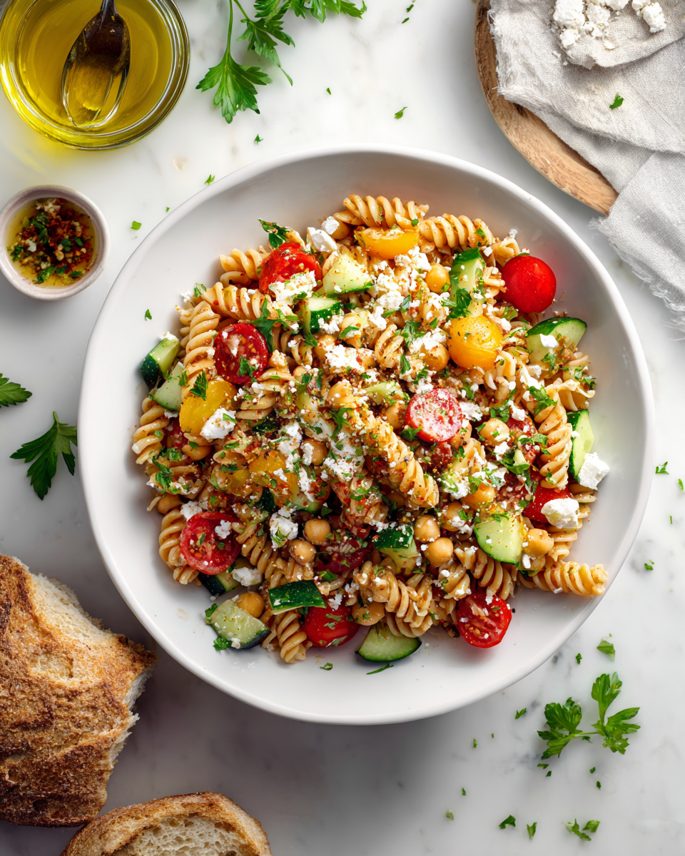 Ensalada de pasta alta en proteínas con vegetales frescos, ideal para el verano.