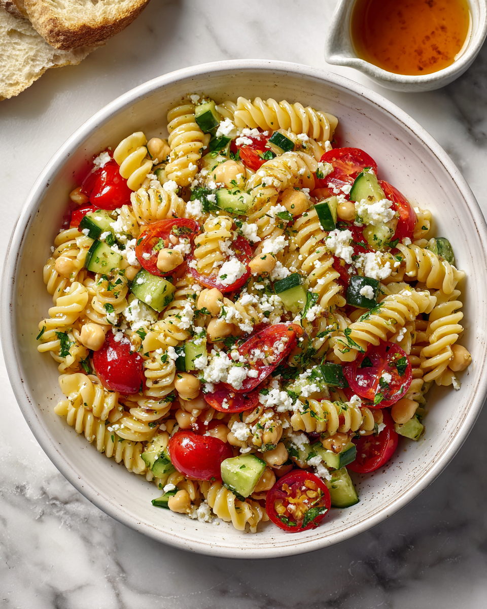Ensalada de pasta alta en proteínas con vegetales frescos, ideal para el verano.