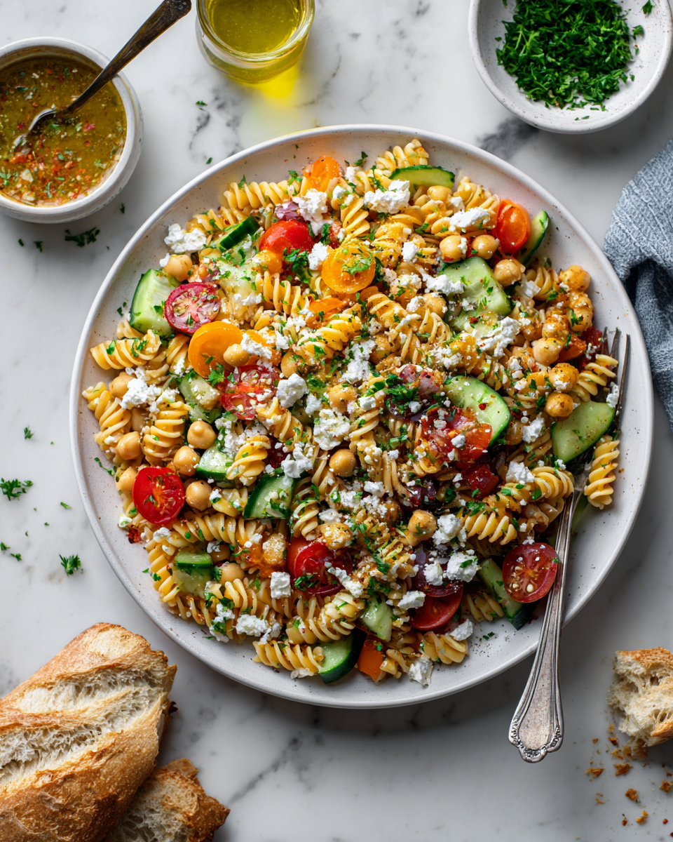 Ensalada de pasta alta en proteínas con vegetales frescos, ideal para el verano.
