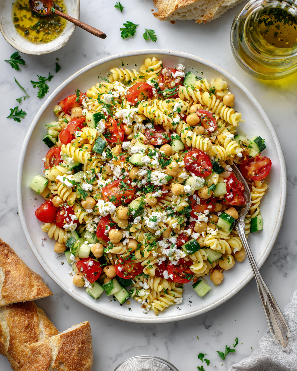Ensalada de pasta alta en proteínas con vegetales frescos, ideal para el verano.
