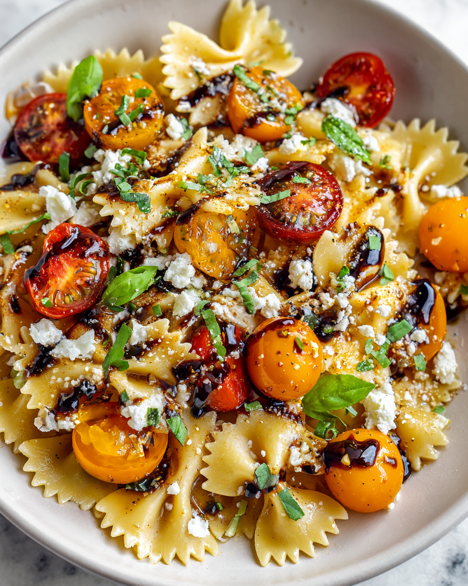 Ensalada de pasta bruschetta con tomates cherry, albahaca y queso feta
