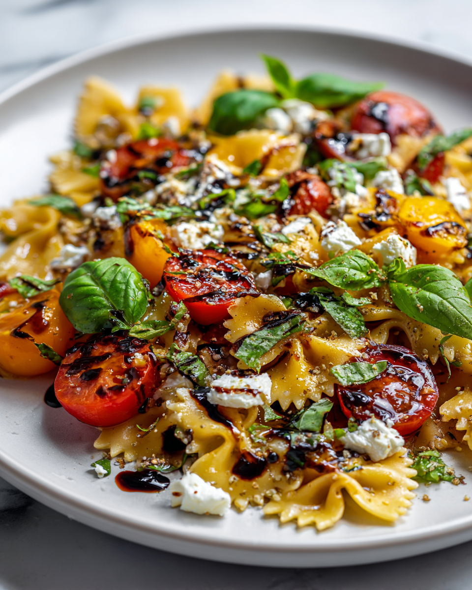 Ensalada de pasta bruschetta con tomates cherry, albahaca y queso feta