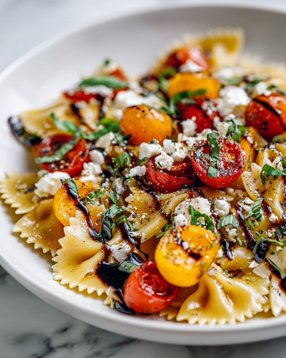 Ensalada de pasta bruschetta con tomates cherry, albahaca y queso feta