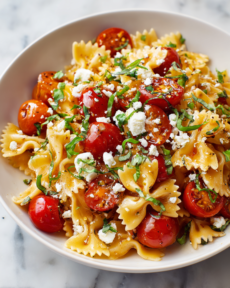 Ensalada de pasta bruschetta con tomates cherry, albahaca y queso feta